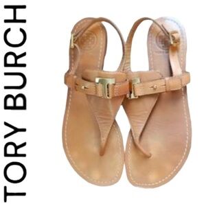 Tory Burch Logo “T” Gold Thong Sandals Sz 8.5 Tan Leather